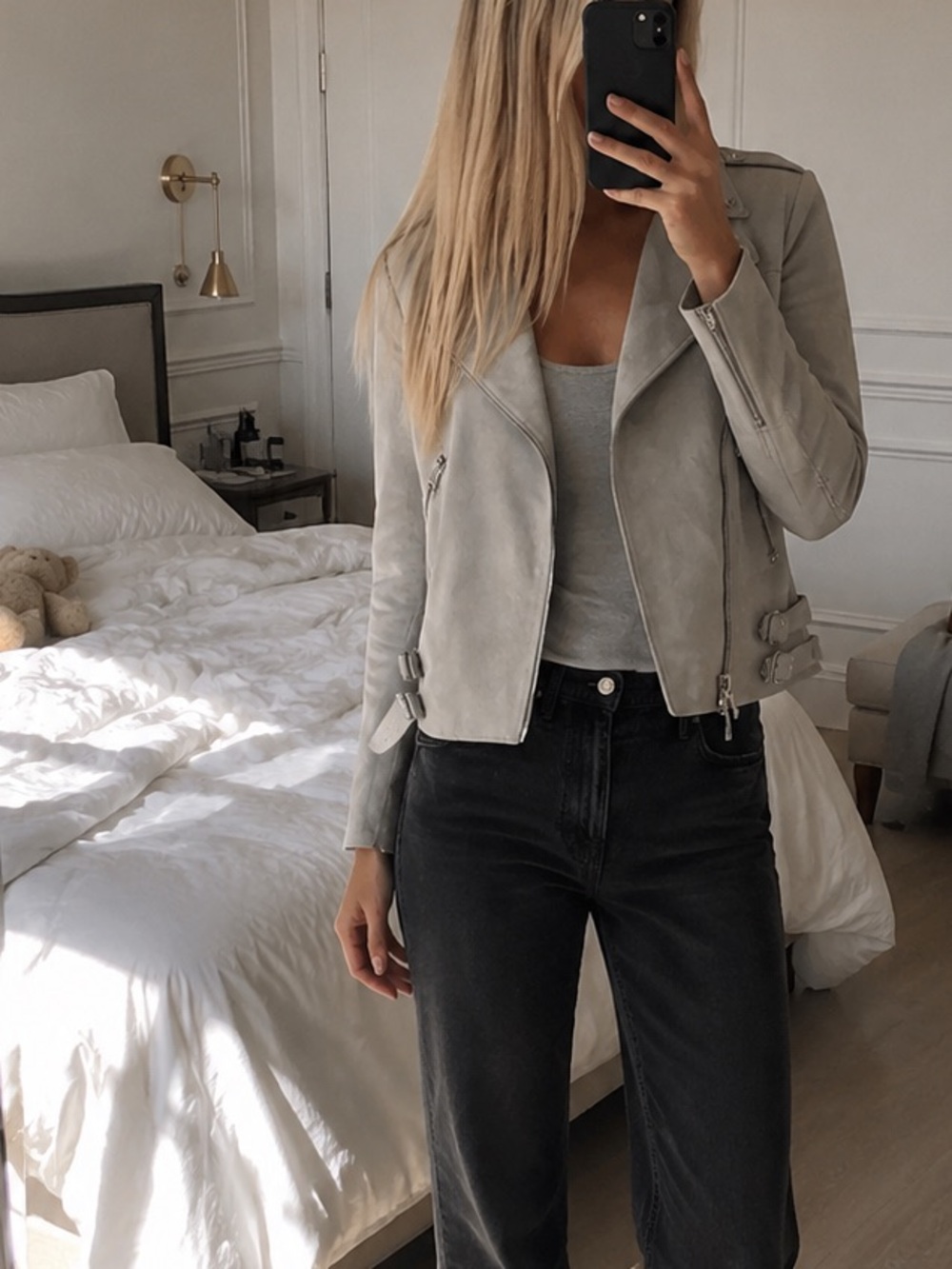 All Saints Light Gray Suede Moto Jacket